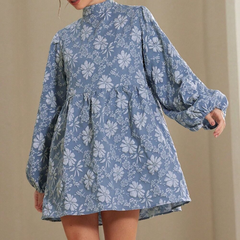 Blue Elegant Women's Textured Floral Lantern Sleeve A-Line Mini Dress - Picture 5 of 6